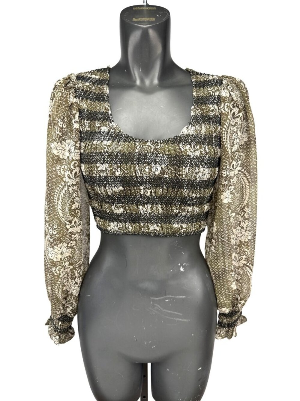 EN SAISON Floral Smocked Cropped Olive Black Blouse Size S